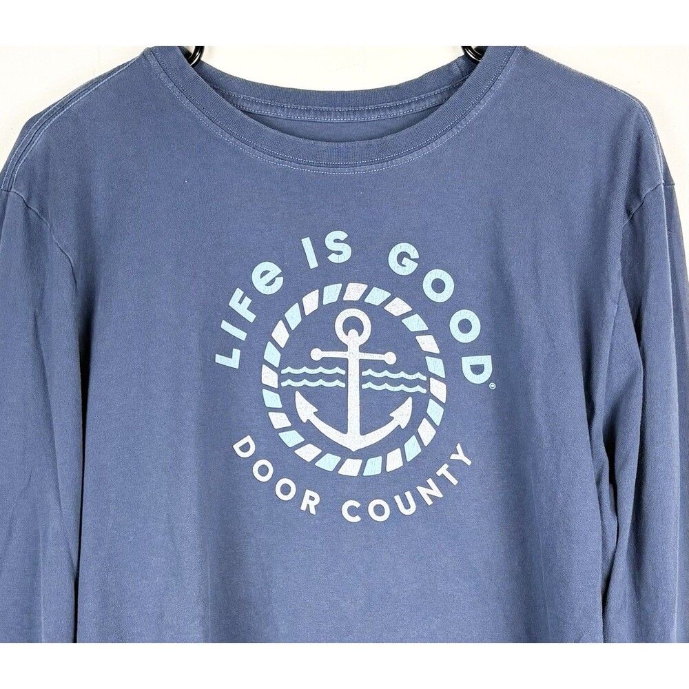 Life Is Good Crusher Tee Men's Long Sleeve Blue Boat Sailing Door County Medium